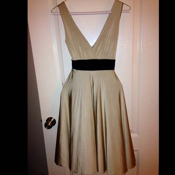 Champagne gold & black silk pleated cocktail dress
