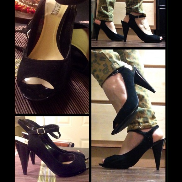 Zara Black Peeptoe Suede Heels 8/ 39 Cone - Picture 2 of 4