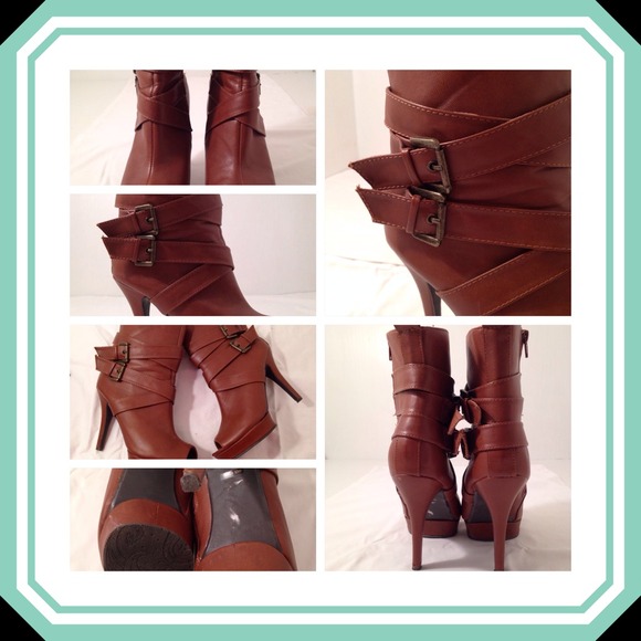BROWN PEEP TOE ANKLE BOOTS w/cute buckle - Picture 4 of 4
