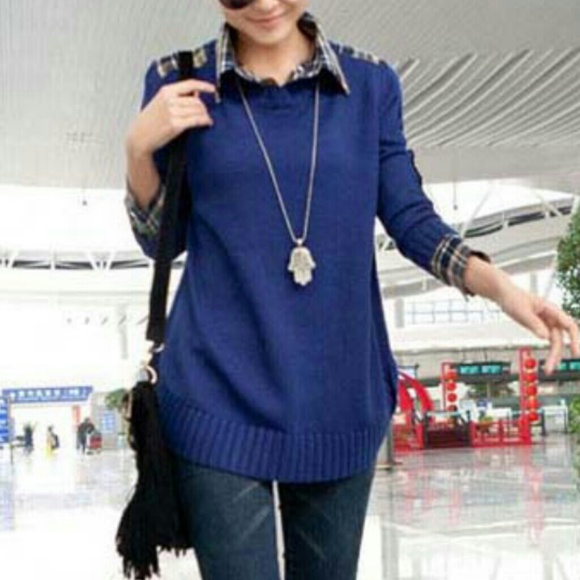 NWOT Plaid and navy blue sweater