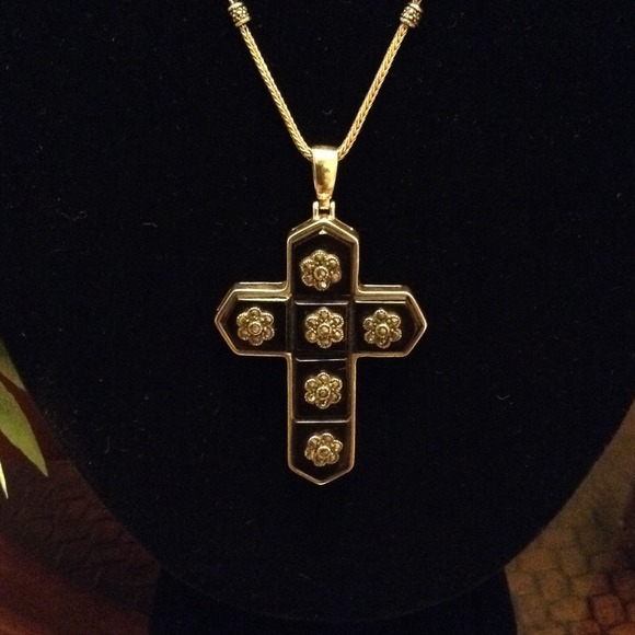 Sterling Onyx Cross Marcasite Pendant w/ Chain