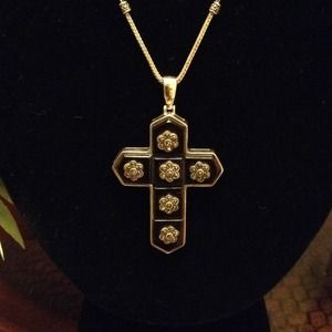 Sterling Onyx Cross Marcasite Pendant w/ Chain