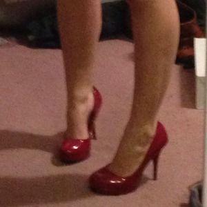 Steve Madden patent red pumps