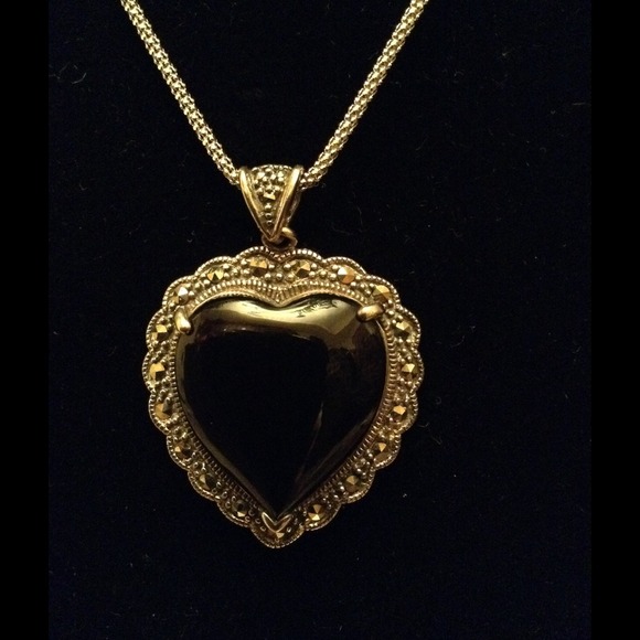 Sterling Onyx/Marcasite Heart Pendant