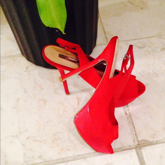 H by Halston red suede with snake skin platform