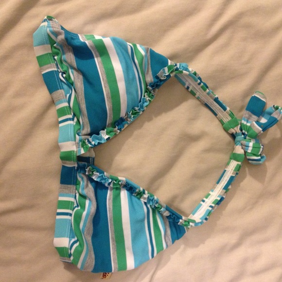 Ruffled striped turquoise bikini top