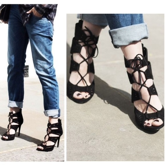 Shoes - Zara Black Open Toe Lace Up Heels inspired