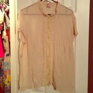Button up tan blouse w/ touch of lace in the front
