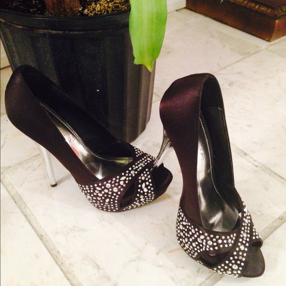 Black satin with studded top silver stiletto heel