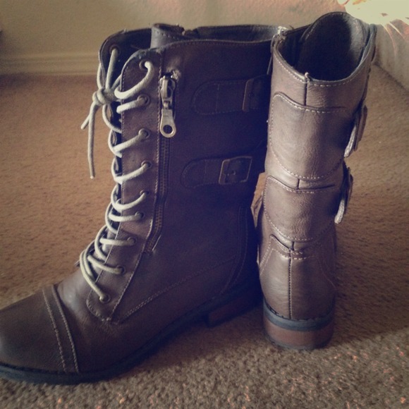 Rugged mildly worn taupe brown combat boots