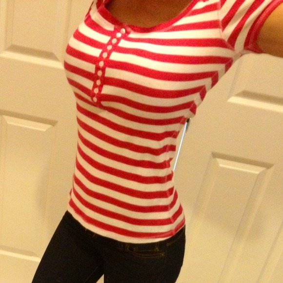 Pink striped polo top. Scoop neck, form fit-SOLD