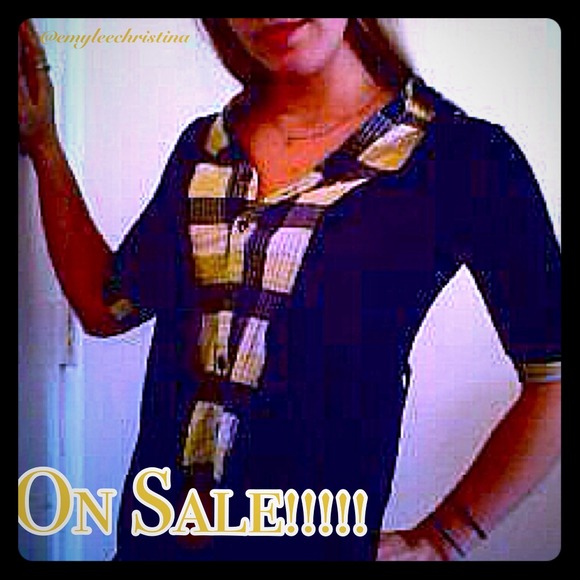 Yellow plaid button up w/ attached sweater