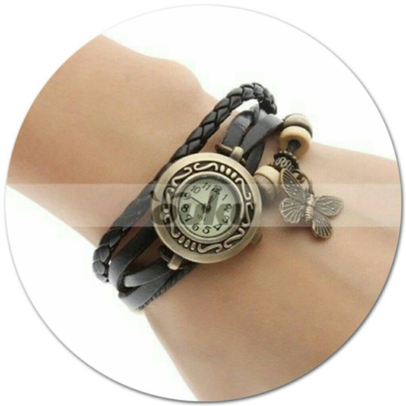 Leather Wrap Around Quartz Watch Bracelet (Black)