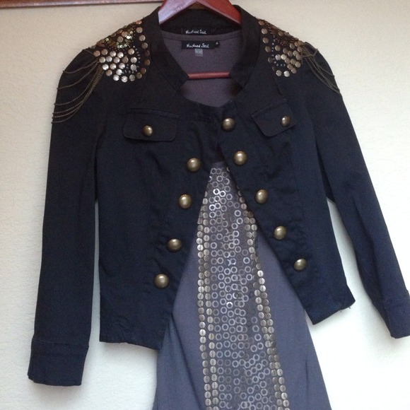Black long sleeve jacket gold chains on shoulders