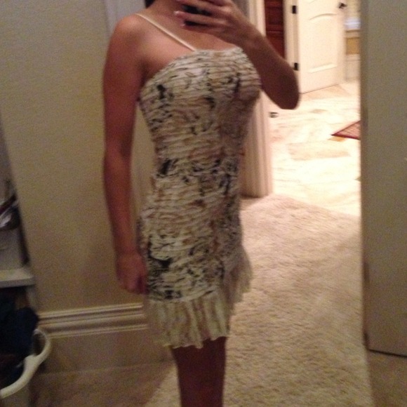 White dress with black and gold flowers