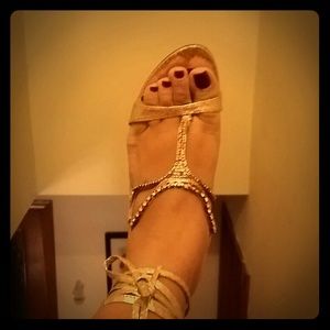 Golden Greek goddess shoes with wrap around tie