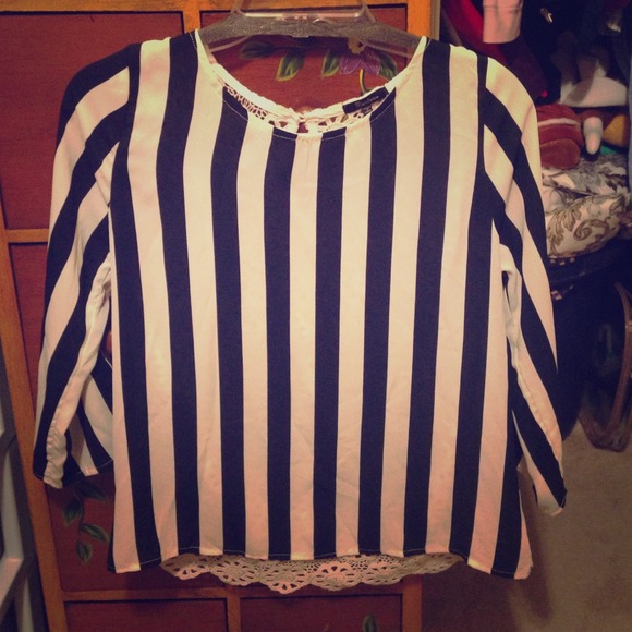 SOLD..Floral lace & blue/white striped blouse