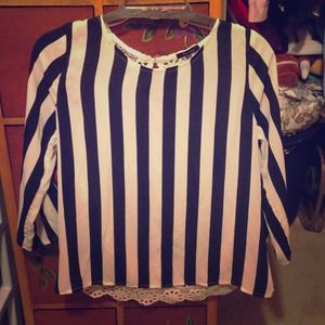 SOLD..Floral lace & blue/white striped blouse