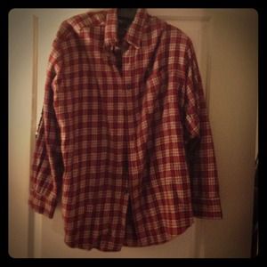 Red and white flannel with sequin arm patches.