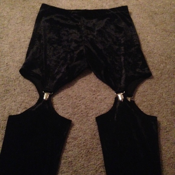 Black crushed velvet garter leggings.