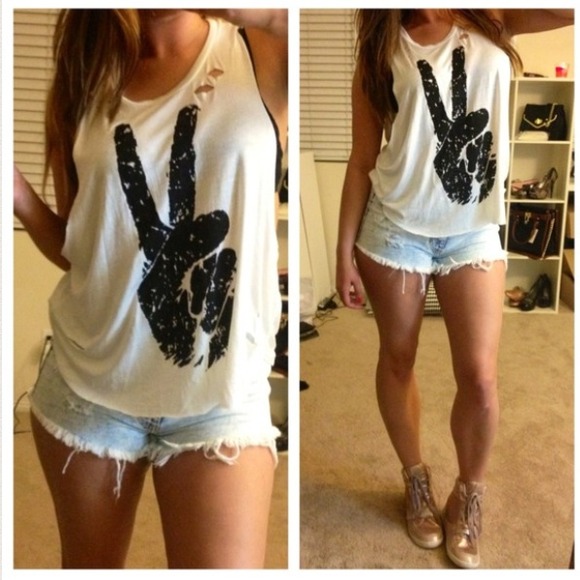 Tops - Distressed & Cut Out Peace Sign Top