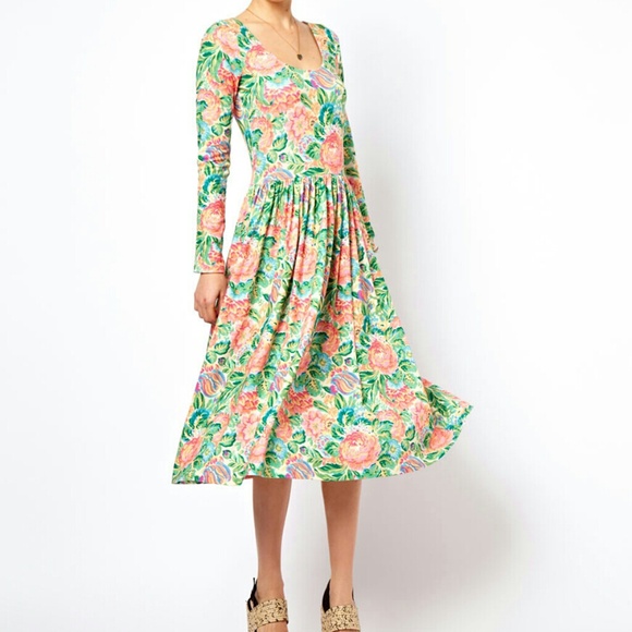 Midi Skater Dress Pixilated Floral Pattern