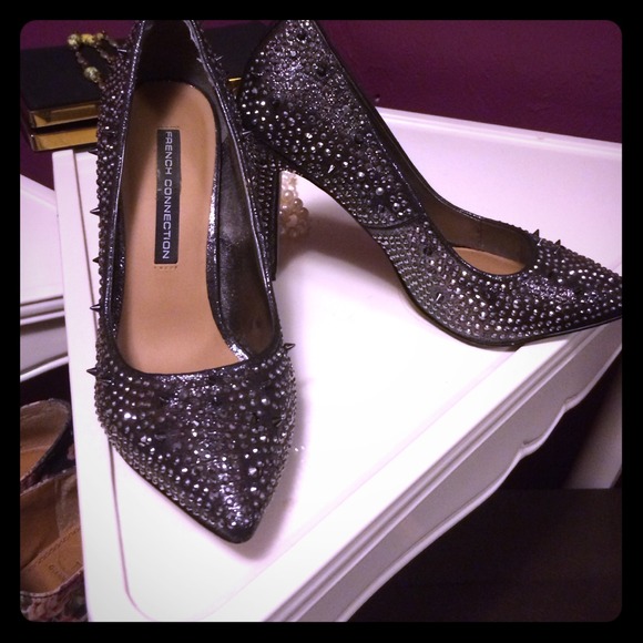 Glam-Punk FC silver/charcoal grey spiked heels