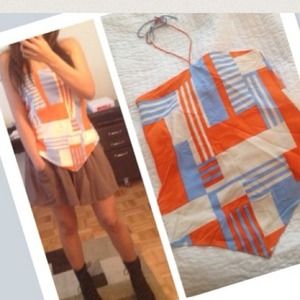THEORY orange, blue & white geometric silk halter