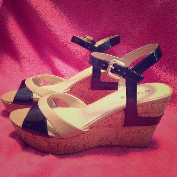 Strappy black & nude Guess wedge heels