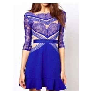 Never worn nude + blue dress with lace sleeves