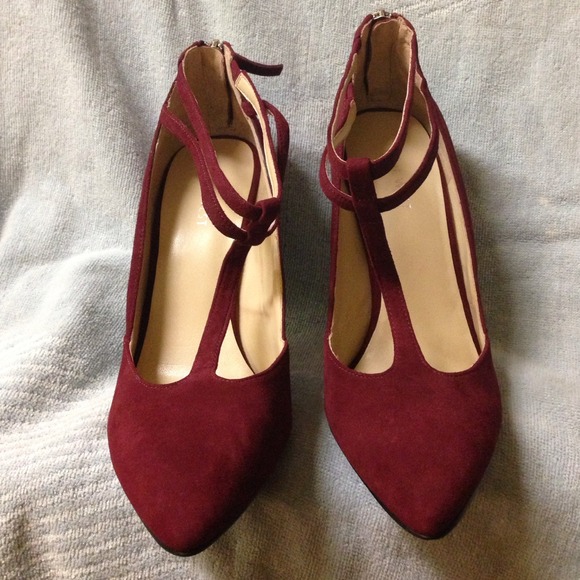 Nine West Maroon suede, double t-strap heels.