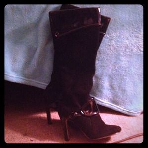 Black suede and patent leather knee high boot
