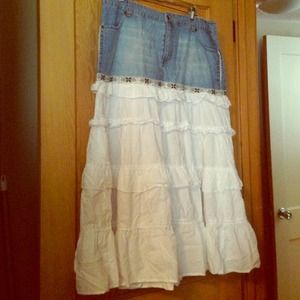Denim beaded and ruffled hippie skirt