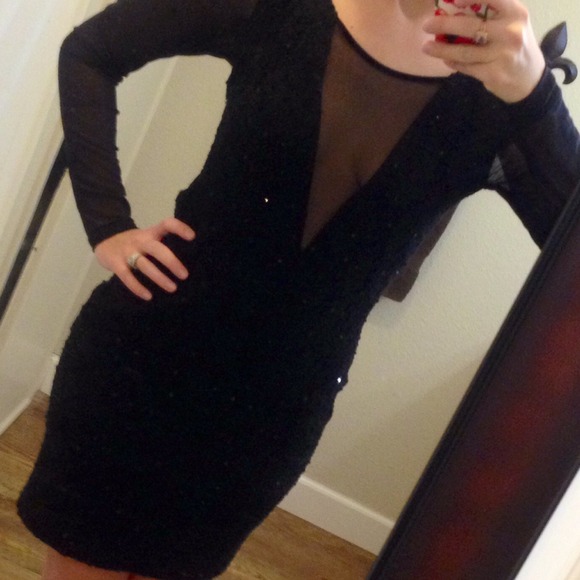 SOLD Black chenille mesh sequin long sleeve party