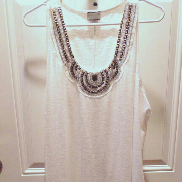 White tank top with beaded collar