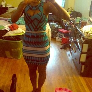 Aqua blue and nude bodycon dress.