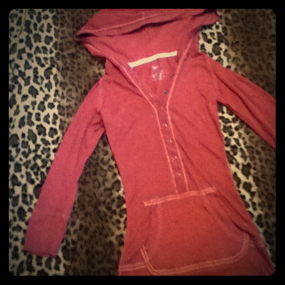 Burgundy half button shirt with hood!