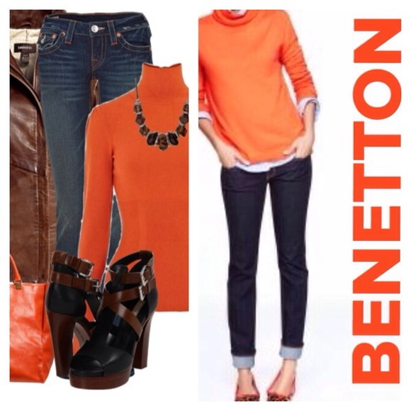 BENETTON Orange Wool Blend Turtleneck Sweater