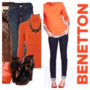 BENETTON Orange Wool Blend Turtleneck Sweater