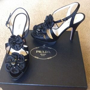 Prada raso black satin heeled platform sandals