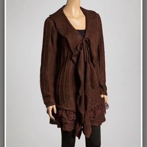 Brown ruffled cardigan with front tie - 3X
