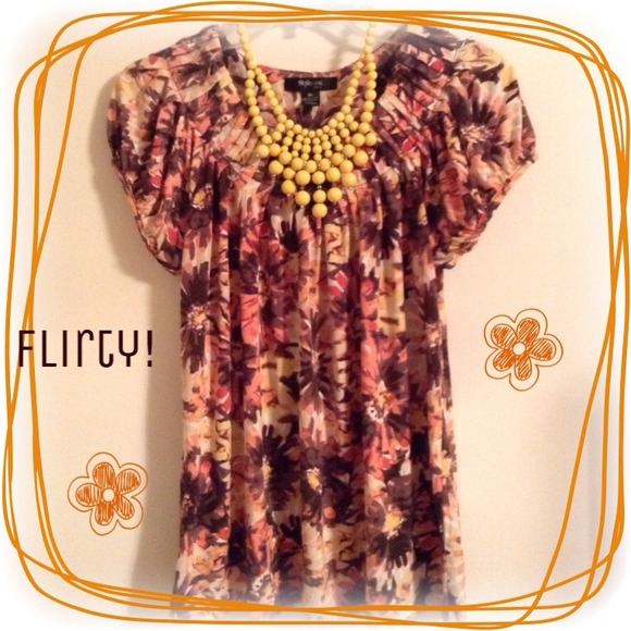 Petite Large Yellow and Brown Flowy Dress Shirt