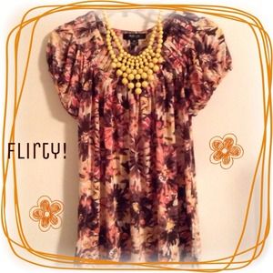 Petite Large Yellow and Brown Flowy Dress Shirt