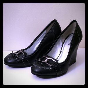 Bcbg black leather wedge heels