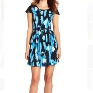 Blue feather print with leather sleeve dress