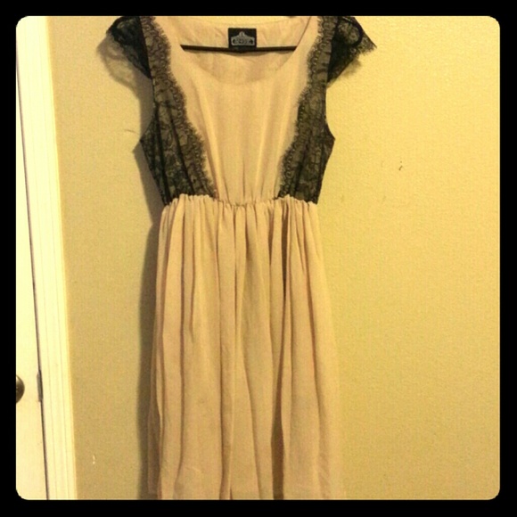 Beige Dress with Black Lace
