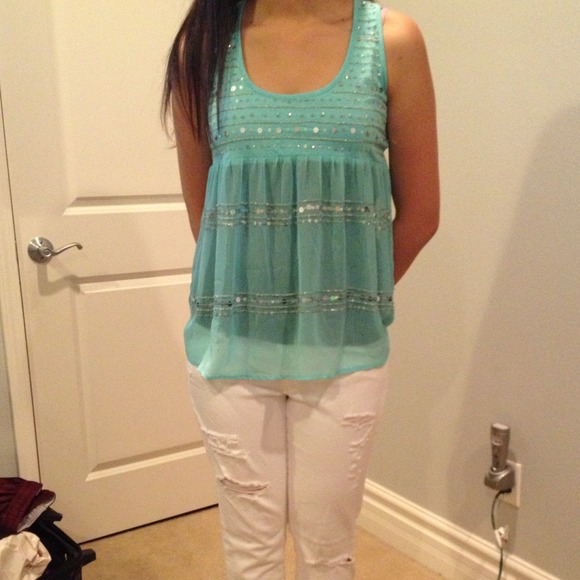 Tops - 💐Sheer Aqua Beaded Racerback Tank