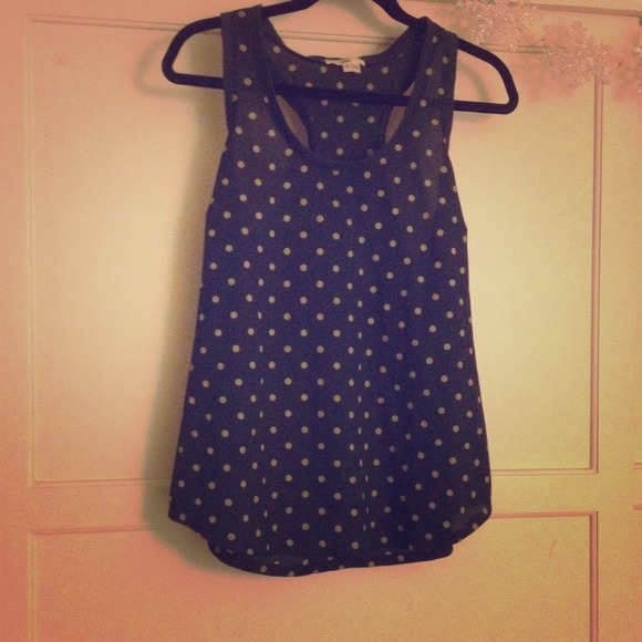 Navy chiffon tank with olive green polka dots