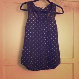 Navy chiffon tank with olive green polka dots