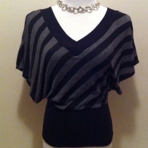 Black and Gray Striped V-Cut Bat-Wing Sleeve Top